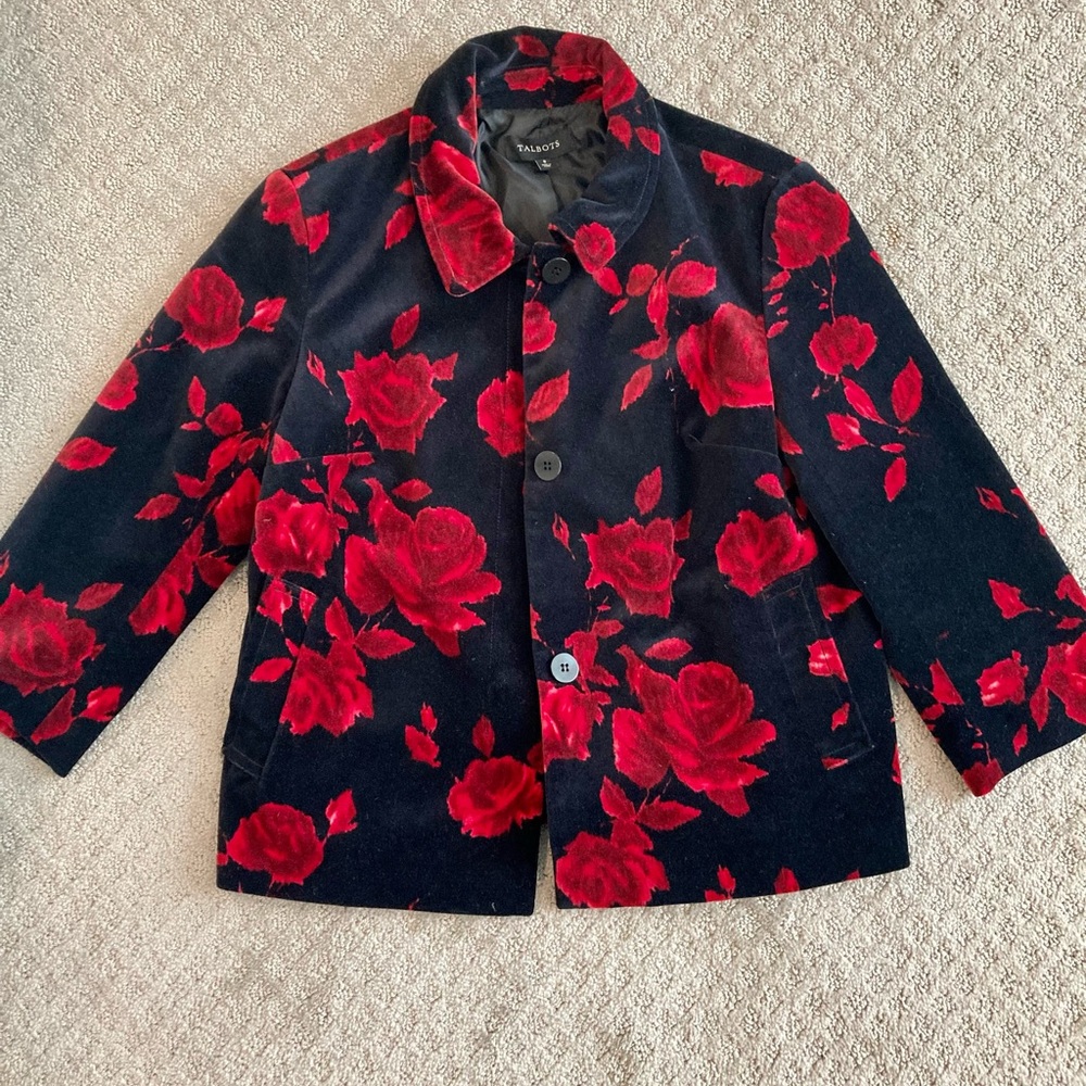 Talbots Vintage Black Velvet with Red Roses Blazer size 8